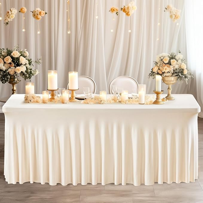 Wish Care 6 Pack Ivory Spandex Table Clothes for 4 Foot Rectangle Tables, 4FT Wrinkle Free Fitted Tablecloths Ruffles Design Table Cover for Party, Banquet, Wedding and Events