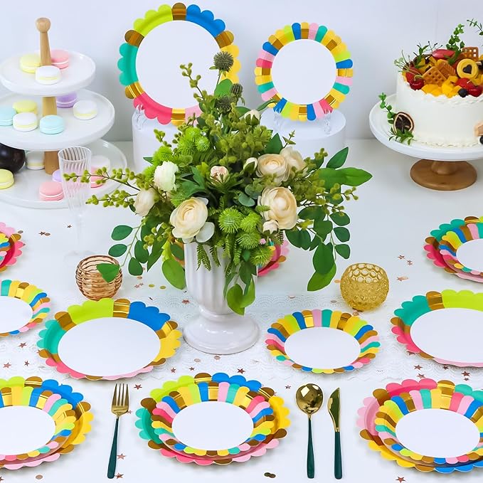 Scalloped Paper Plates 100pk, Disposable Party Plates with 50pk Dinner Plates & 50pk Dessert Plates, Gold Foil Paper Plates for Party Wedding Birthday Anniversary and Engagement Party Decorations