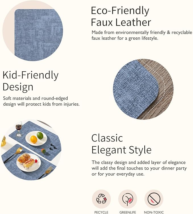 Maxpearl Set of 8 Faux Leather Table Placemats – Heat Resistant, Waterproof, Easy to Clean, Non-Slip Mats for Dining Table, Kitchen, Indoor & Outdoor, 17”x12”, Blue
