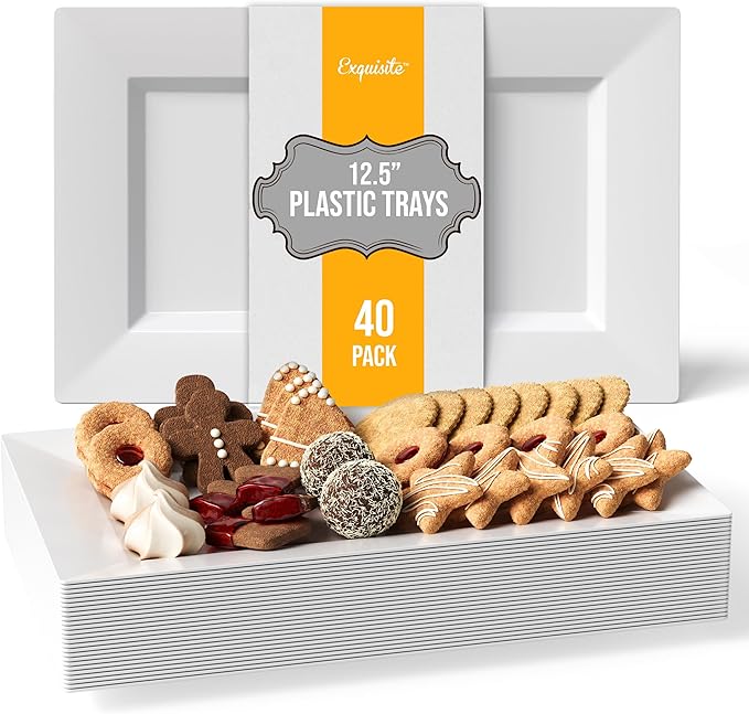 Exquisite Plastic Serving Trays For Party - 40 Pcs 12.75 Inch White Serving Platters, Plastic Trays For Food, White Tray, Food Tray Disposable Platters For Parties, Catering & Buffet