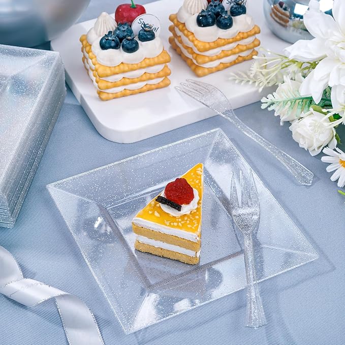 DaYammi 100Pcs Dessert Plates Set Including 50Pcs Cake Plates 6",50Pcs Plastic Forks 5.7",Silver Glitter Square Plastic plates for Party,Silver Appetizer plates and Forks for Wedding Party Birthday