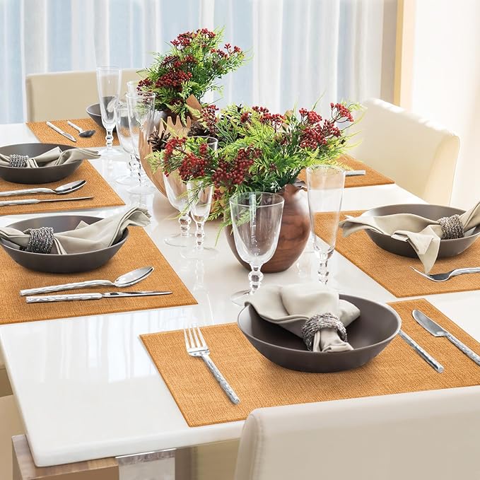 Faux Leather Placemats Set of 6 Washable PU Table mats for Kitchen Table - Heat Resistant, Waterproof, Easy Clean, Anti Slip 11.8" x 17" (Yellow-6 Pack)