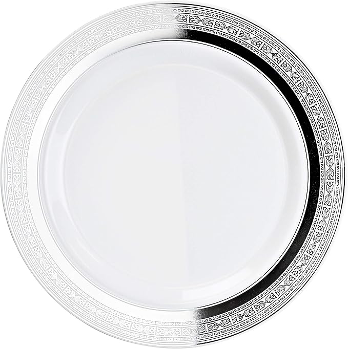 OCCASIONS 240 Plates Pack,(120 Guests) Heavyweight Premium Wedding Party Disposable Plastic Plates Set -120 x 10.5'' Dinner + 120 x 7.5'' Salad/Dessert (Palace White & Silver)