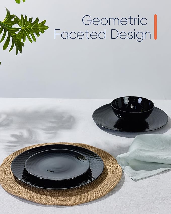 10.5 inch Dinner Plate Set of 6, Round Opal Glass Black Geometric Faceted Dinnerware Plates, Dishwasher and Microwave Safe
