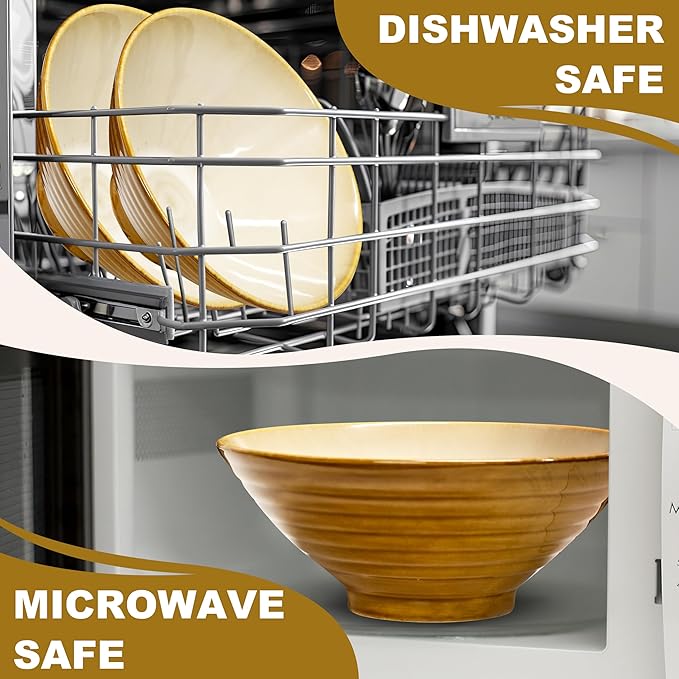 8-Inch 4 Sets Ceramic Ramen Bowl (16 Piece) - Japanese Porcelain Dishwasher Microwave Safe Salad Noodles Cereal Pasta Soup Large Bowls with Chopsticks Forks Spoons for Men Women Housewarming Gift