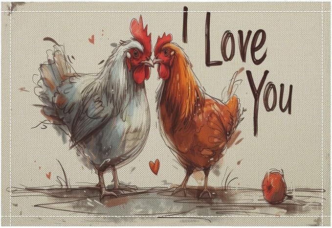 Rural Rooster Placemat Set, Vintage Farmhouse Funny Colorful Hand Drawn Watercolor Line Sketch Chicken Pattern Home Decor Linen Table Mats for Dining Room Kitchen Party (17x12in) x4P