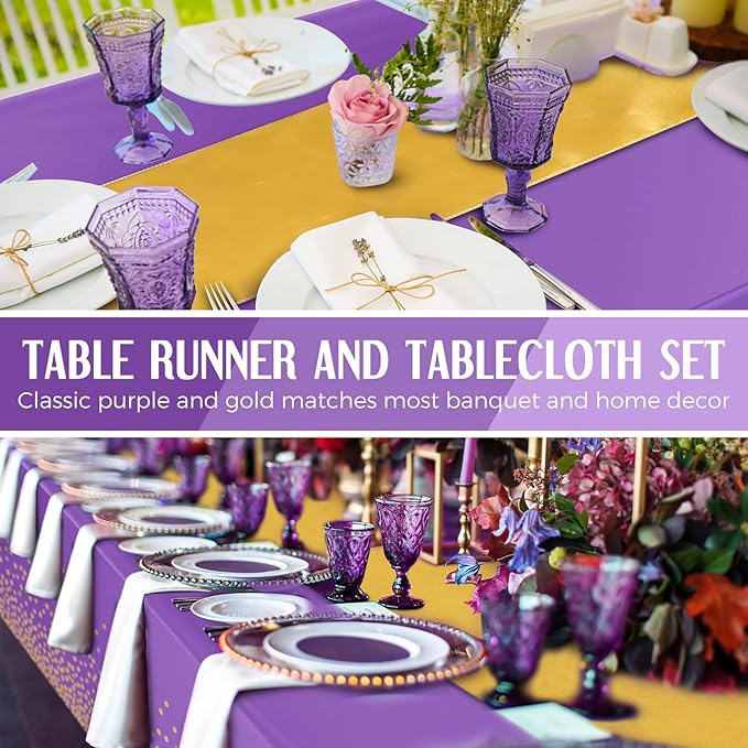 Breling 24 Pack Purple and Gold Disposable Plastic Tablecloths and Satin Table Runner Set, 54 x 108 Inch Tablecloth, 12 x 108 Inch Table Runners for Wedding Graduation Birthday Baby Shower
