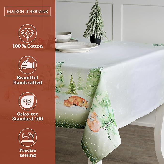 Maison d' Hermine Table Cloth Rectangle Table 100% Cotton 70 x 140 Inches Fall Tablecloth Reusable Everyday Use for Thanksgiving Christmas Decorations Dining Farmhouse Party (Winter Mornings)