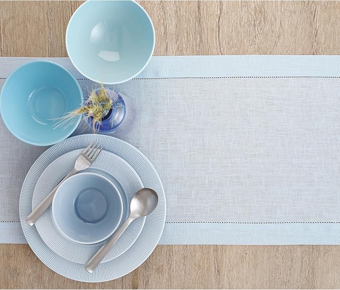 Solino Home Linen Light Blue Table Runner 72 Inches Long - 100% Pure Linen Hemstitch Table Runner 14 x 72 Inch for Dresser, Dining, Winter, Spring, Easter - Classic Hemstitch
