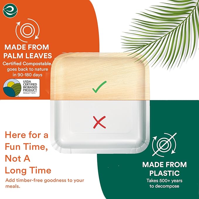 ECO SOUL Palm Leaf Disposable Bamboo Plates 10" Square Compostable & Biodegradable Party Plates for Dinner, Weddings, Parties & Events 200 Count