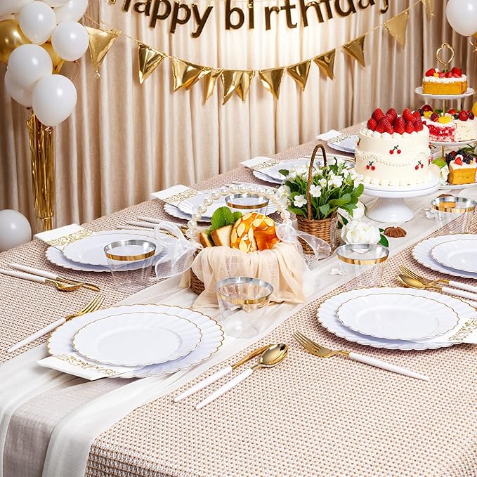 Ciaell 175 PCS White Scalloped Plastic Plates with Gold Trim - Gold Plastic Silverware with Handle - Fancy High-End Dinnerware Sets for Wedding & Party(25 Guests)