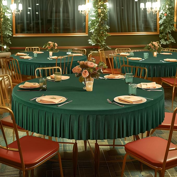 8 Pack Hunter Green Spandex Round Tablecloths for 60 inch Tables, Stretchy Fitted 5FT Round Table Cloths with Skirt for Wedding Party Dining Banquet