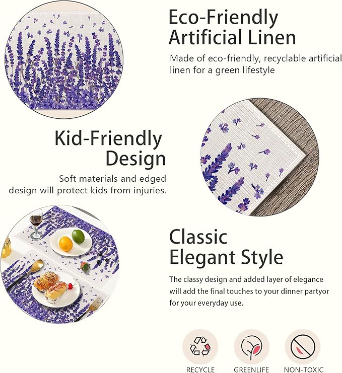 Placemats,Lavender Flower Placemats 12x18 Inch Waterproof Non-Slip Washable Table Mats for Kitchen Dining Party Table Decor,Set of 6