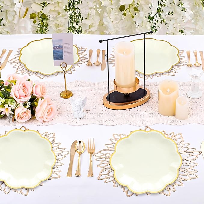 Beige Party Plates Cream Dessert Paper Plates 7inch Gold Foil Scalloped Edge Disposable Cake Plates for Tea Party Birthday Bridal Baby Shower Wedding Party Supplies (48, Beige)