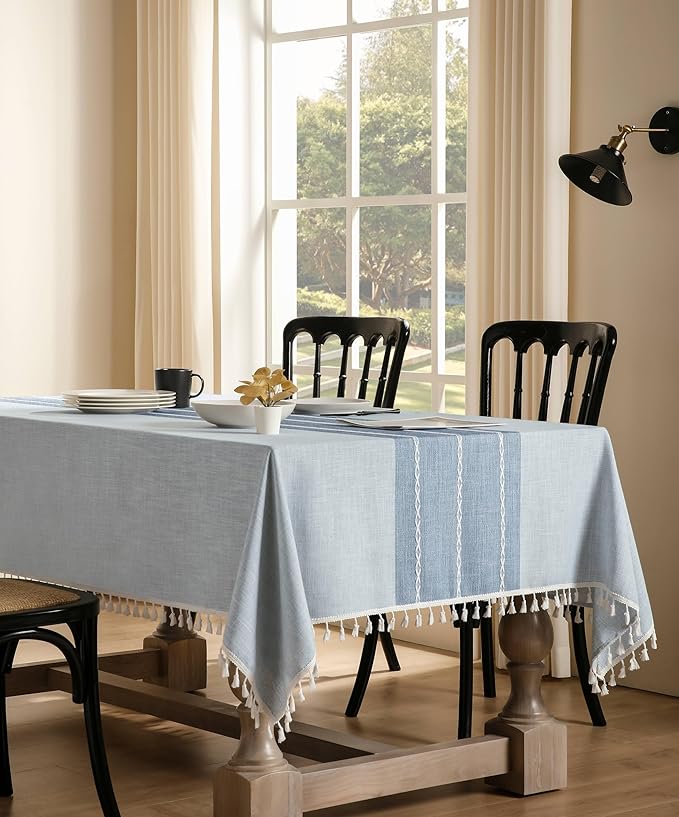 ZeeMart Contrast Linen Table Cloth Rectangle Table Cloths 60x104 Inch Blue, Farmhouse Style Heavy Weight Blue Tablecloth, Water Resistant Burlap Tablecloths