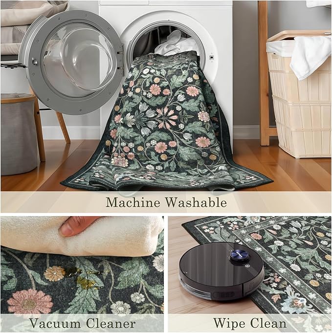 Dark Green Floral 8x10 Area Rugs for Living Room Large Washable Rug Vintage Forest Low Pile Non Slip Stain Resistance Soft Carpet for Dining Room, Bedroom, Kids Room, Nursery Room, Playroom