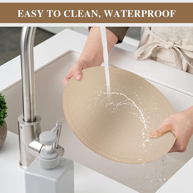 Set of 8 Faux Leather Gold Round Placemats and Coasters, Coffee Mats Kitchen Table Mats, Waterproof, Easy to Clean for Kitchen Dining Round Table