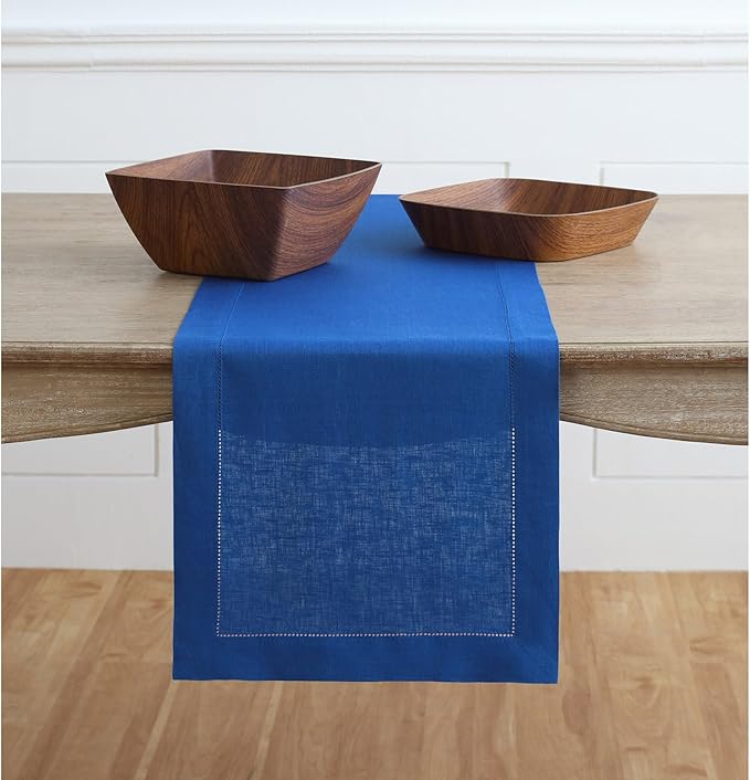 Solino Home Linen Royal Blue Table Runner 48 Inches - Classic Hemstitch, 100% Pure Linen Coffee Table Runner 14 x 48 Inch Ideal for Dresser Tables, Spring