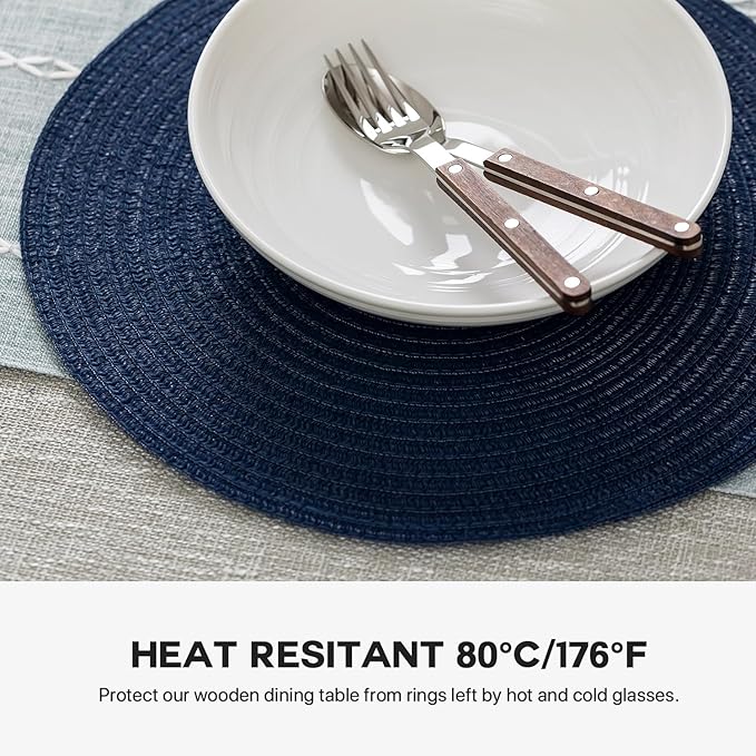 Round Placemats Set of 8 Woven Placemats Washable Braided Table Mats for Dining Table Heat Resistant Non-Slip Circle Place Mats(Navy Blue)