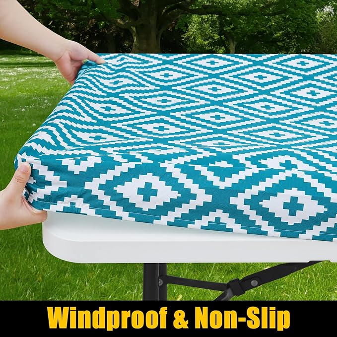 Smiry Rectangle Table Cloth Cover, Waterproof Elastic Fitted Picnic Tablecloth for 5 Foot Tables, Wipeable Flannel Backed Vinyl Tablecloths for Camping, Dining, Outdoor (Teal, 30" x 60")