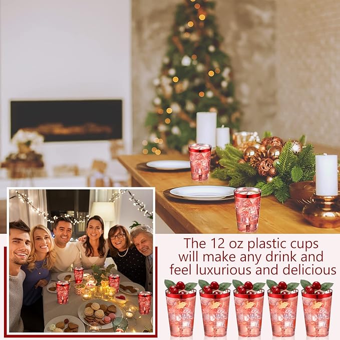 Patelai 100 Pcs Red Plastic Cups 12 oz Red Rimmed Plastic Cups Heavy Duty Disposable Wine Glasses Clear Cocktail Glasses Drinking Tumblers for Party Wedding Christmas Birthday
