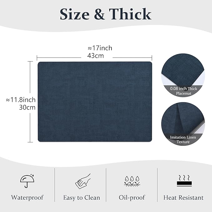 FROMHEART Faux Leather Placemats Set of 4–Waterproof,Heat/Oil Stain-Resistant PU Table Mat–Reversible,Non-Slip,Easy to Clean Place Mats for Kitchen,Dining,Indoor/Outdoor,(Dark Blue,11.8" x 17")