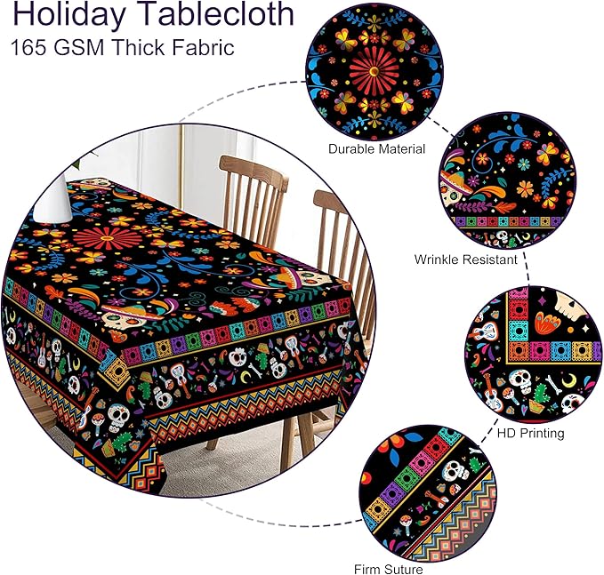 Mexican Tablecloth Rectangle 60 x 104 Inch, Cinco De Mayo Flower Skull Table Cloth Fiesta Indoor Decorations for Dining Room Party