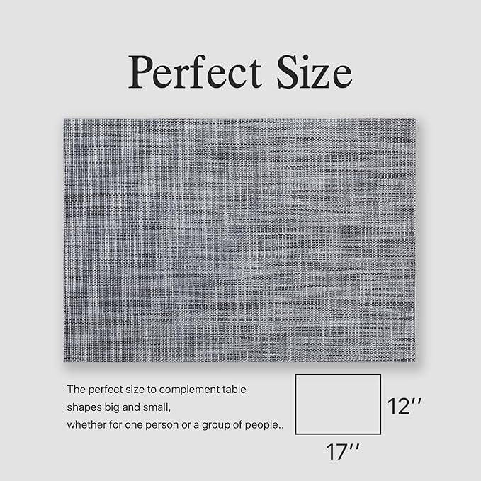 Placemats Set of 12 - Easy Clean Woven Vinyl Placemats for Dining Table, Indoor/Outdoor Place Mats, Washable PVC Table Mats（Dark Gray）
