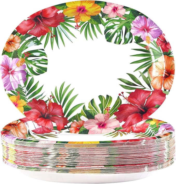 Grencian 50 Pcs Hawaiian Luau Oval Paper Plates 10"×12" Large Tropical Aloha Party Plates Disposable Heavy Duty Hawaiian Floral Luau Serving Tray for Summer Beach Birthday Party Supplies Decorations