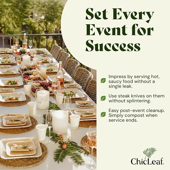 Chic Leaf Disposable Palm Leaf Plates - 50 Count, 8" Square, Christmas Meal - Bamboo Plates, Biodegradable & Compostable - Microwave Safe & Heavy Duty - Romantic Date Night Essentials Wedding Decor