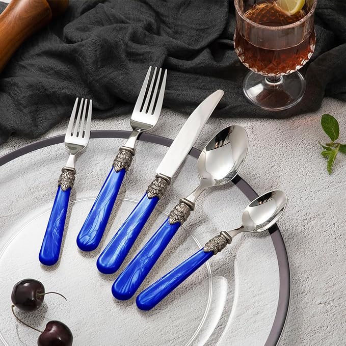 20 pieces 18/10 Stainless Steel Silverware Sets With Deep Blue Handle,Vintage Cutlery Sets,Sliverware set Service for 4,Dishware Safe (20, Deep Blue)