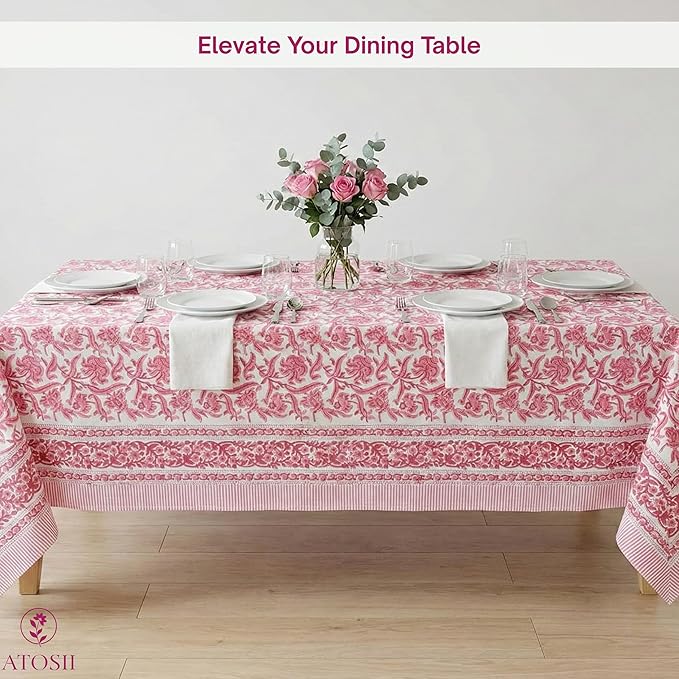 ATOSII Red Bloom 100% Cotton Rectangle Tablecloth, Block Print Floral Linen Table Cloth for Dining Parties Outdoors Weddings Holidays I 72 X 108 Inches, 8 Seater, Summer Farmhouse Grandmillennial