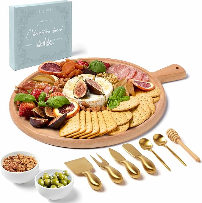 Charcuterie Board Set - Round Beech Wood Cheese Board for Serving with Accessories - House Warming Gifts for New Home, Bridal Shower & Wedding Gift, Birthday Gifts for Women