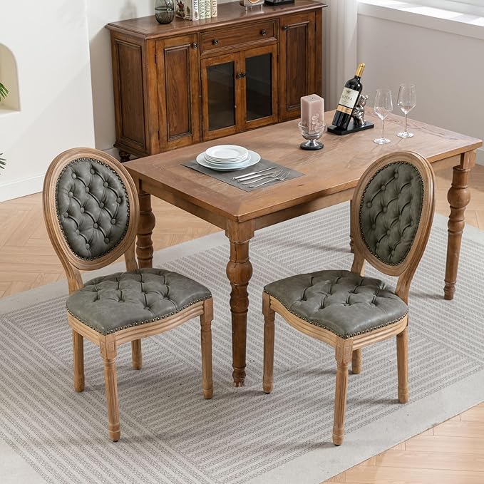 Vintage French Dining Chairs Set of 6, Round Back PU Leather Upholstered Side Chairs with Nailhead Trim and Solid Wood Frame, Sillas de Comedor for Dining Room & Kitchen, Olive Green