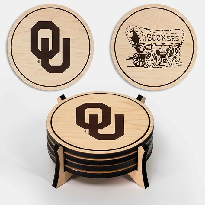 LazerEdge Oklahoma Sooners Wooden Coaster Set - Maple Wood - Officially Licensed Product - 4-Pack