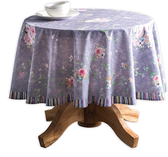 Maison d' Hermine Table Cloth Round Table 100% Cotton 63 Round Inches Tablecloth Reusable Decorative for Dining Room Home Valentines Day Decorations Spring Summer- Sweet Rose Lavender - Country Garden
