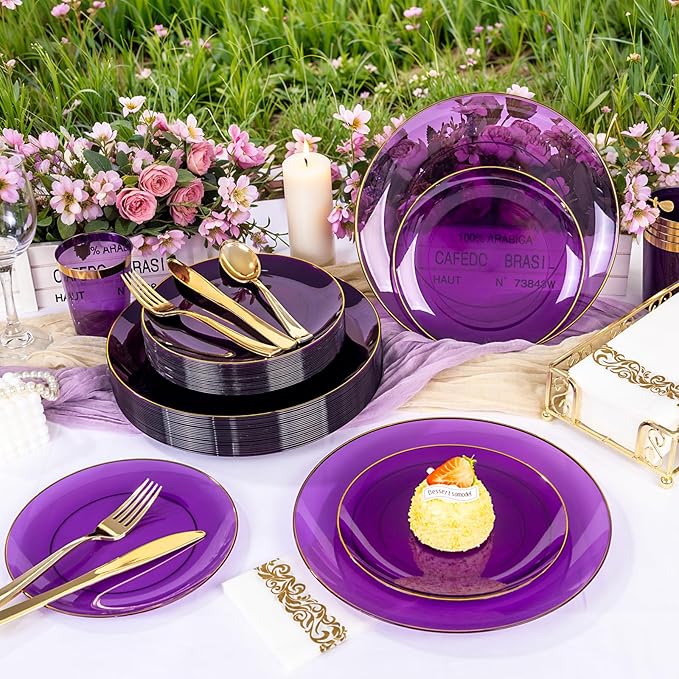 YOUBET 175PCS Purple Plastic Plates - Purple and Gold Disposable Plates Include 50 Plate, 75 Silverware, 25 Cups, 25 Napkins for Wedding & Mardi Gras Party