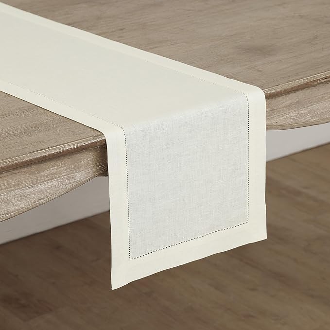 Solino Home Linen Ivory Table Runner 90 Inches Long - 100% Pure Linen Hemstitch 14 x 90 Inch Table Runner for Dining, Spring, Easter - Classic Hemstitch