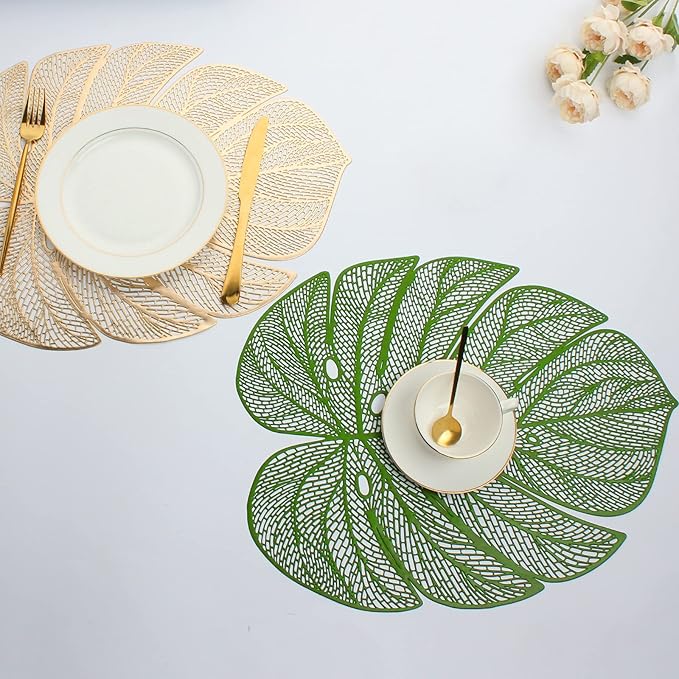 Evevda Green Leaf Shaped Vinyl Placemats for Dinner Table Set of 4 Plastic Green Place Mats Wipeable 6Pcs Table Mats for Wedding Annersary Dinner Table Decoration Mats