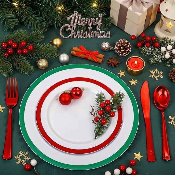 I00000 60PCS Christmas Plastic Plates, Red and Green Plastic Plates, Disposable Set Include 30 Green Dinner Plate, 30 Red Dessert Plate, Perfect for Christmas