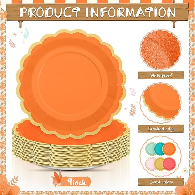 48 Pcs Colorful Coral Paper Plates 9 Inch Pastel Rainbow Scalloped Paper Plates Disposable Dinner Dessert for Birthday Wedding Bridal Party Supplies, 6 Colors