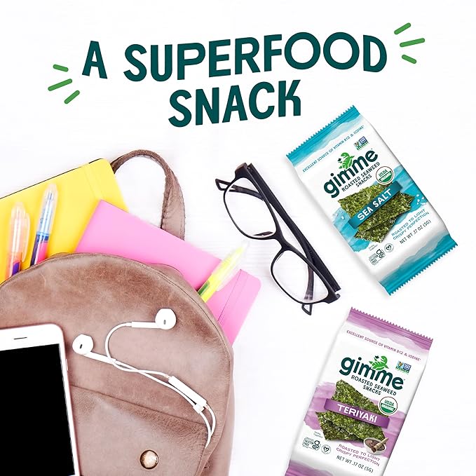 Gimme Seaweed Organic Premium Roasted Seaweed Snacks, Teriyaki, 20 Count, Keto, Vegan, Gluten-Free, Great Source of Omega3s and Iodine, Healthy On-The-Go Snack for Kids and Adults