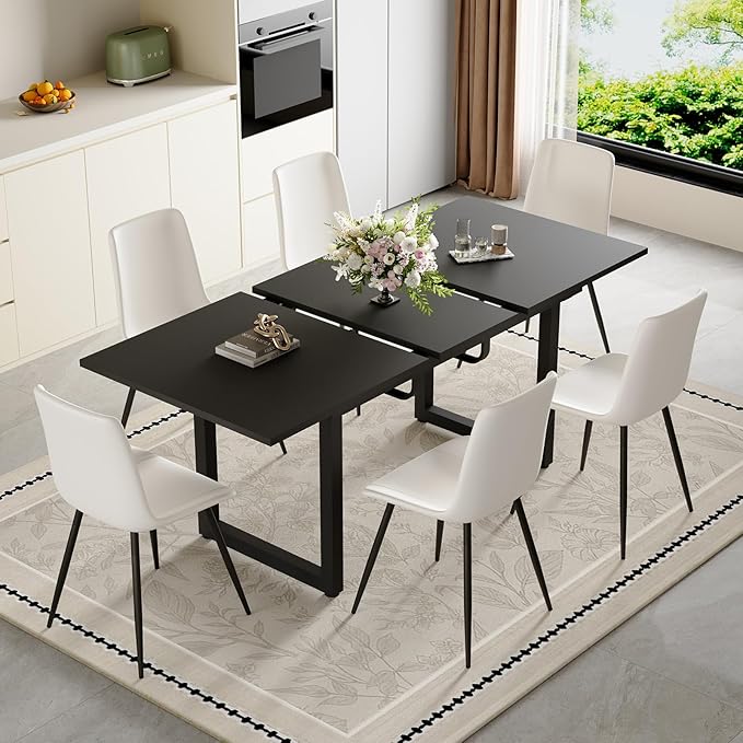 Extendable Dining Table Set for 6, 55"–71" Modern Black Kitchen Table with 6 Upholstered Chairs, Space-Saving for Living Room Apartment, Sturdy & Comfortable, Easy Assembly