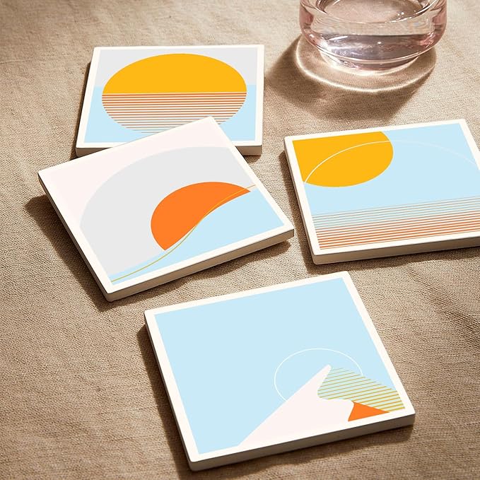 MAYCARI Abstract Sun Coasters Set of 6 Cork Backed Artistic Coasters with Metal Holder Minimalist Aesthetic Ceramic Surface Drink Cup Mats for Tabletop Protection Modern Desk Decoration Birthday Gifts