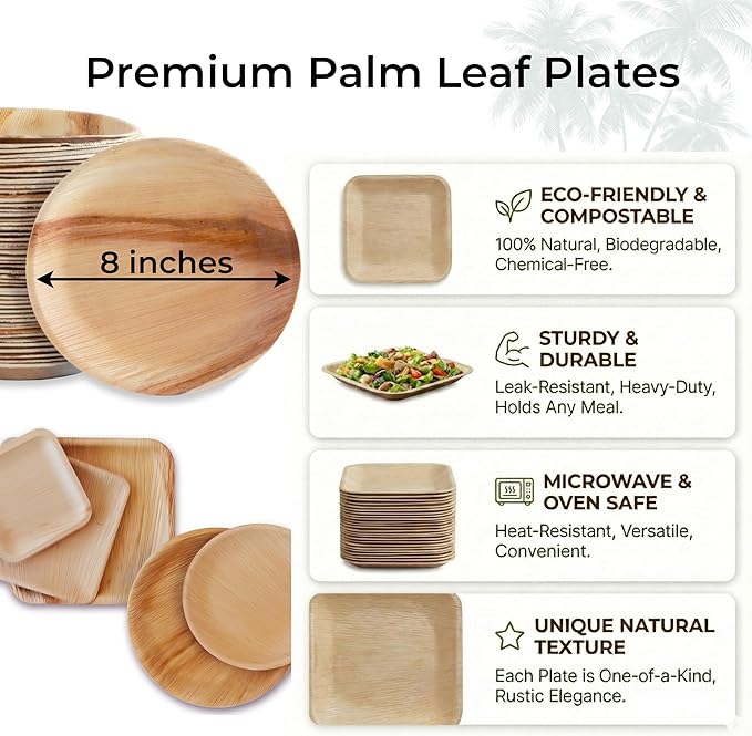 Indie Palm Disposable Palm Leaf Plates – 50 Pack 8 Inch Round – Heavy Duty, 100% Compostable & Biodegradable – Eco-Friendly Alternative to Plastic & Bamboo – Perfect for Parties & Events