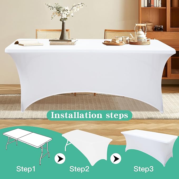 4FT Table Cloth for Rectangular Fitted Events Stretch White Table Covers Washable Spandex Tablecloth Protector for Party, Wedding, Cocktail, Banquet, Festival