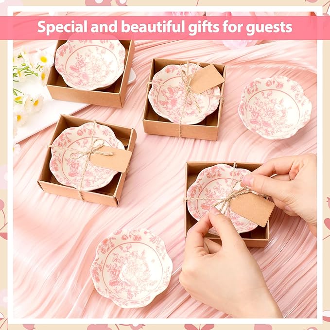 48 Pcs Wedding Favors for Guests Small Ceramic Bowl Bulk Gifts Set 3.3 Inch Floral Design Mini Dipping Sauce Dish with Card Box for Bridal Pooja Baby Shower Birthday Guest Gift (Pink)
