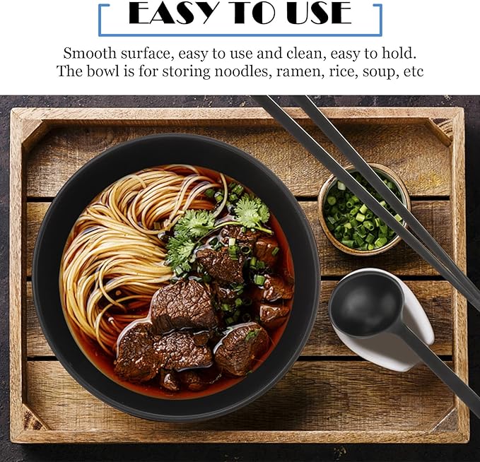 Luxshiny Multifunctional Melamine Noodle Bowls for Home and Restaurant Use Thick Plastic Ramen Soup Bowls with Smooth Polished Finish Easy to Clean and Stain-resistant Black