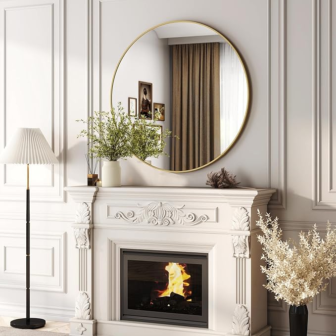 36 Inch Round Bathroom Mirror - Gold Wall Mounted Circle Mirror with Metal Frame, Modern Round Hanging Mirror Suitable for Bathroom, Vanity, Entryway, Living Room