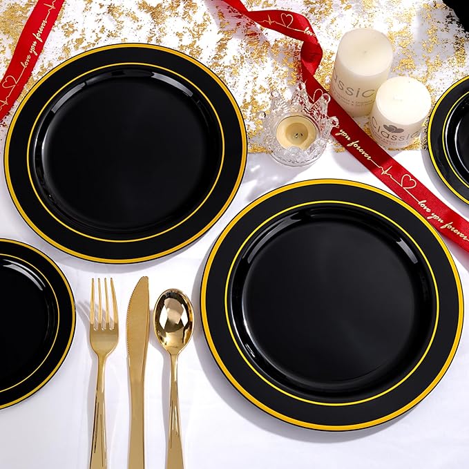 GATHER 700PCS Black Plastic Plates - Gold Disposable Plastic Dinnerware Set Include 200 6.3inch/9inch Black Plates, 300 Silverware, 100 Napkins, 100 Cups for Party & Wedding & Birthday